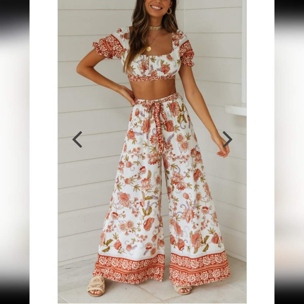 Mura Boho pattern white orange floral crop top and flowy pants set small nwt